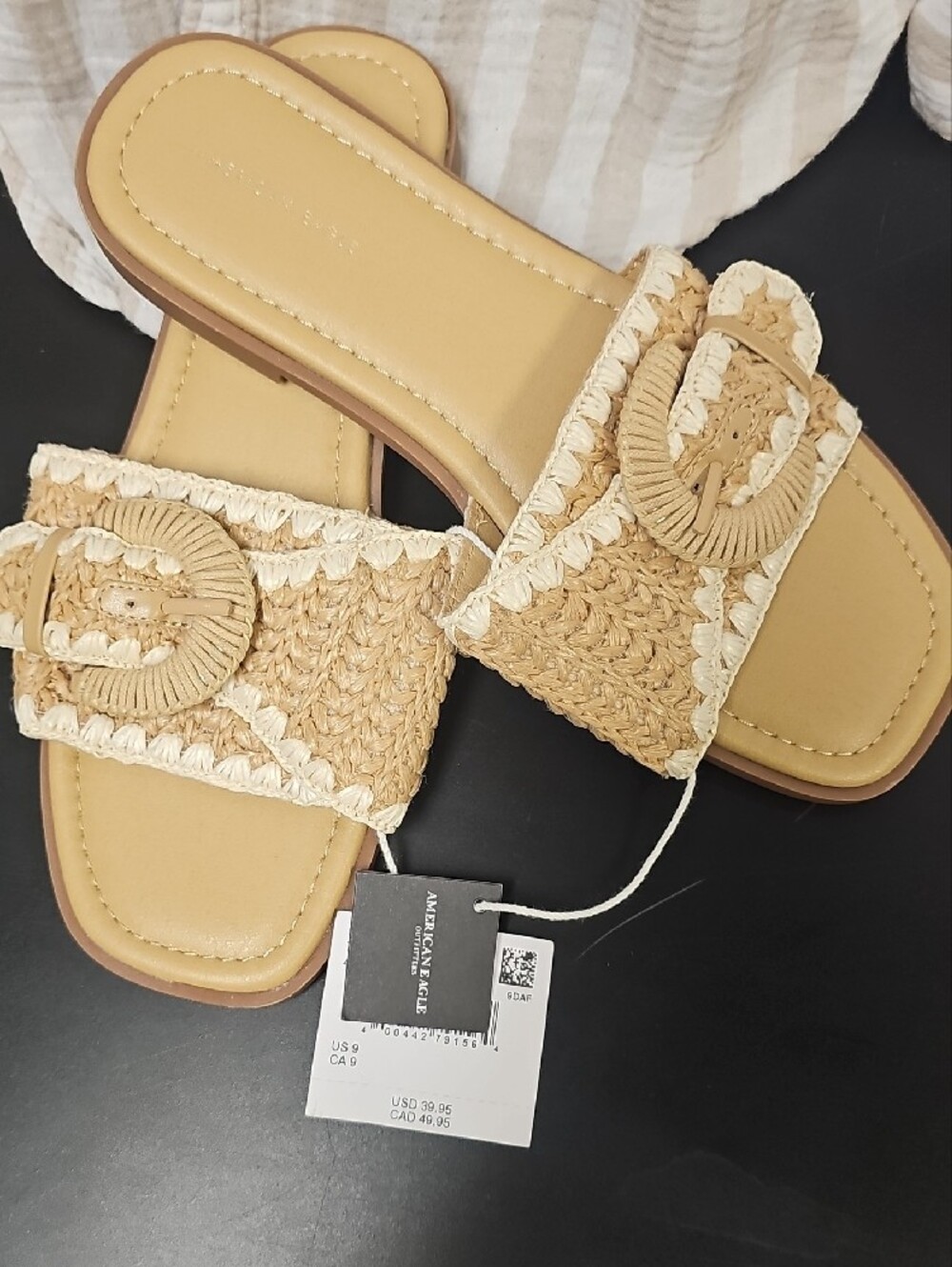 American Eagle Outfitters Woven Buckle Slide Sandals in Natural Tan and Cream